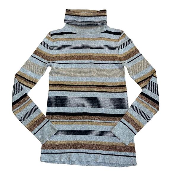 Vintage 70s 80s Metallic Lurex Striped Turtleneck Sweater Gold Silver Bronze - Picture 3 of 16